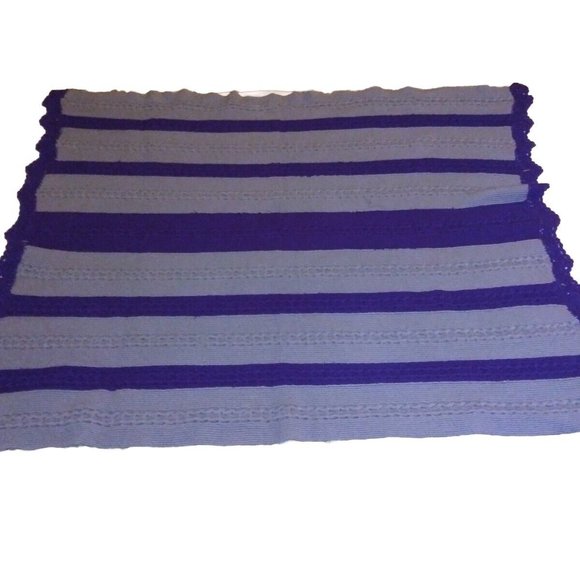 Granny Hand Knitted Afghan Purple and Grey Striped Crochet Winter Afghan Blanket - Picture 4 of 9